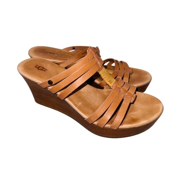 UGG Australia Mattie Leather Platform Wedge Strappy Sandals 8 Stacked Heels 70s - Picture 2 of 10